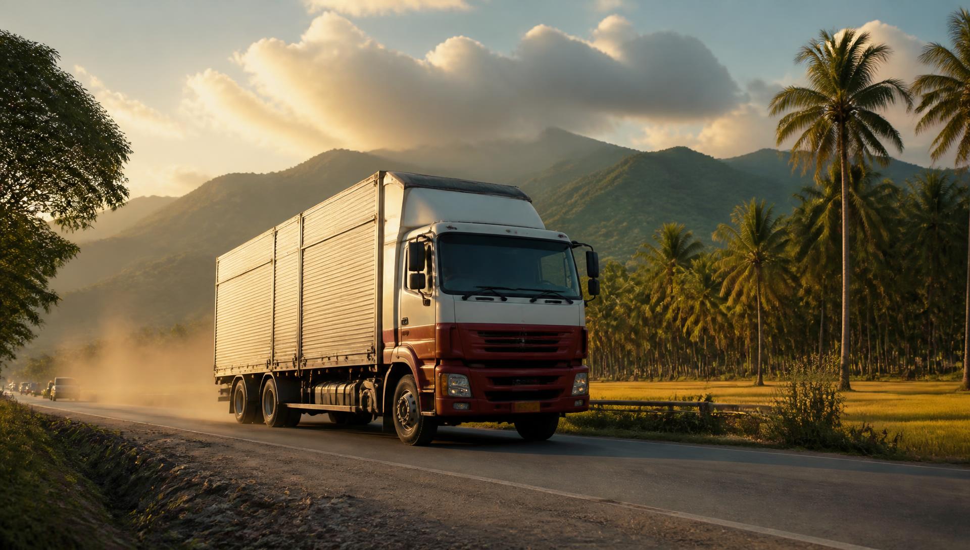 Closed van cargo truck on a Philippine provincial highway at sunrise