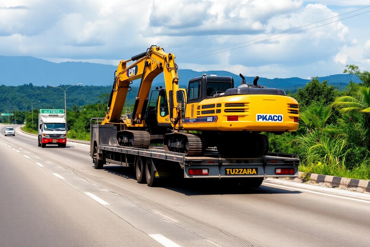 Low-bed trailer transporting an excavator on a highway